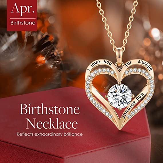 LOUISA SECRET Love Heart Birthstone Necklaces for Women 925 Sterling Silver Valentine's Day Gifts for Women Her Wife Girlfriend Mother Rose Gold Diamond Jewelry Anniversary Birthday Gifts