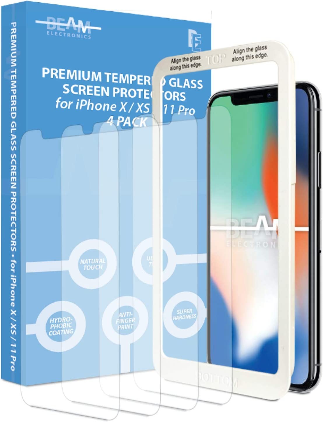 [4 Pack] Screen Protector for iPhone X, XS, 11 Pro, Beam Electronics Tempered Glass - 99% Touch Accurate with Easy Installation Tray and Accessories