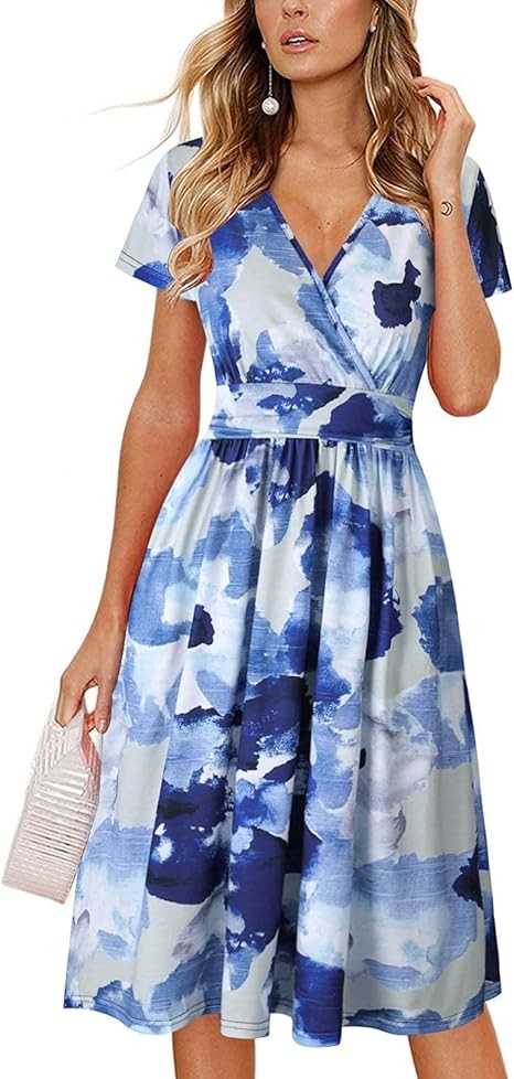 OUGES Women's Summer Short Sleeve V-Neck Floral Short Party Dress with Pockets