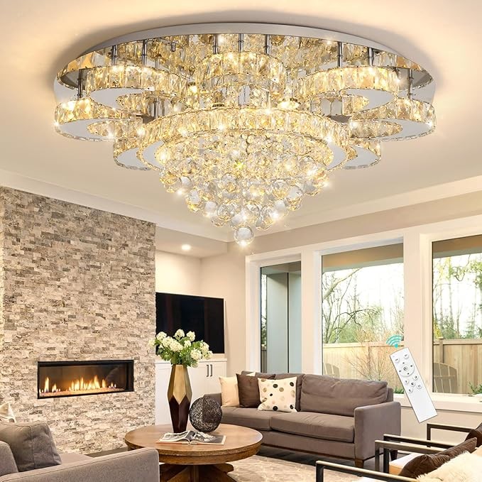 Modern Chandelier Living Room Glam Chandeliers Ceiling Light Fixture Remote Dimmable Lights 32 Inches Luxury Crystal Silver Light
