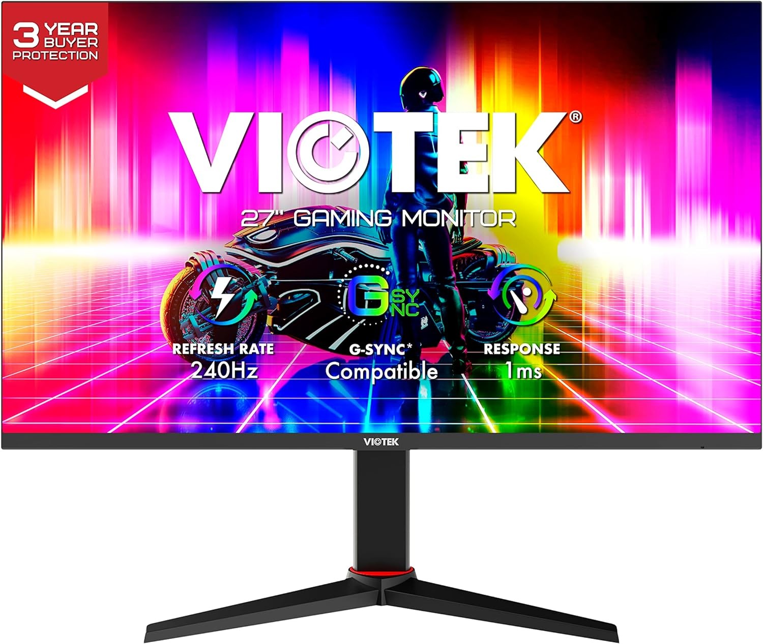 Viotek GFT27CXB2 27-Inch Gaming Monitor | 240Hz Full-HD 1080p 1ms OD | 99% sRGB & 400 cd/m2 High Brightness | G-Sync-Ready & FreeSync | 2X HDMI, DP, 3.5mm | Adjustable Height, Tilt, Swivel, Pivot