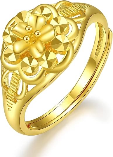 24K Solid Gold Floral Ring for Women, Adjustable Flower Style Ring for Girlfriend Wedding Anniversary Engagement
