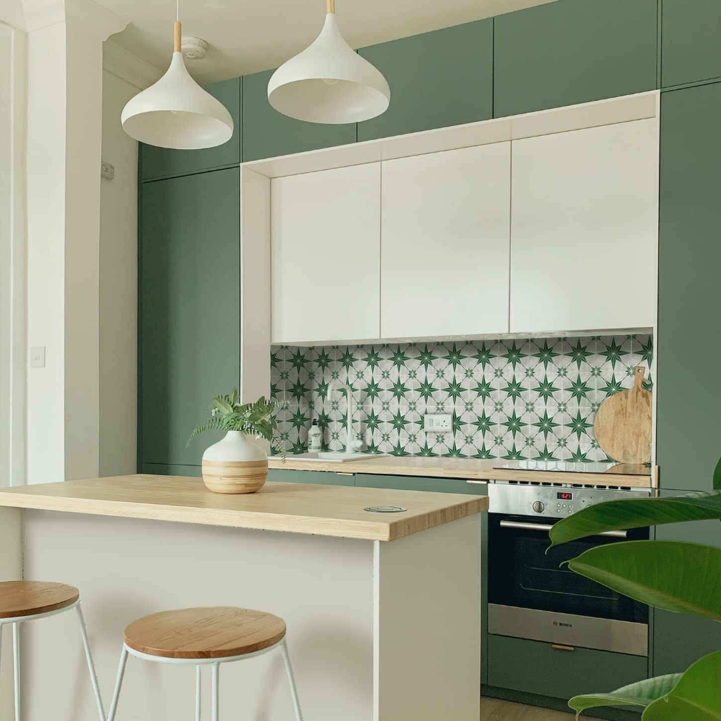 LiveInUrban 25Pcs Thick Flat Peel and Stick Backsplash, Self Adhesive Wall Tile Stickers for Home Kitchen Decor, 7.87"x 7.87" Watercolor Forest Green Astra Pattern