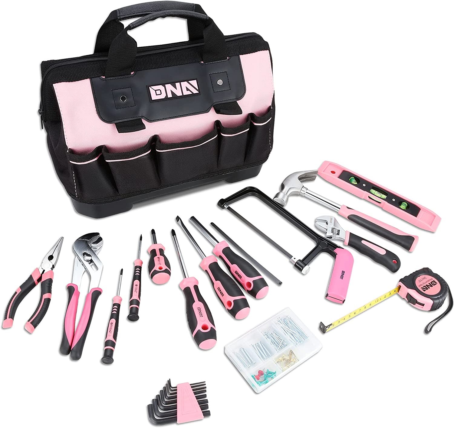 DNA MOTORING TOOLS-00206 Home Repairing Tool Set - 37 Pcs Household DIY Hand Tool Kit with Wide-open Mouth Canvas Storage Bag, Pink