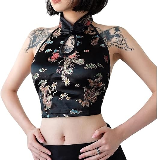 Women's Sleeveless Halter Tie Embroidery Crop Cami Shirt Top Chinese cheongsam short top