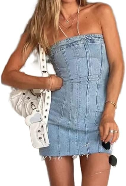 Fronage Women's Sexy Jeans Denim Strapless Dresses Bodycon Corset Tube Mini Dress