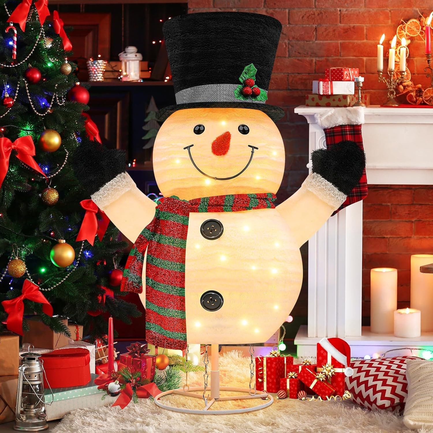 Brightever Snowman Outdoor Christmas Decorations, 30 Inch Plush Light Up Snowman Xmas Lights for Holiday Decor, Built-in 172in String Lights with 35 Warm White Incandescent Bulbs for Home, UL Listed