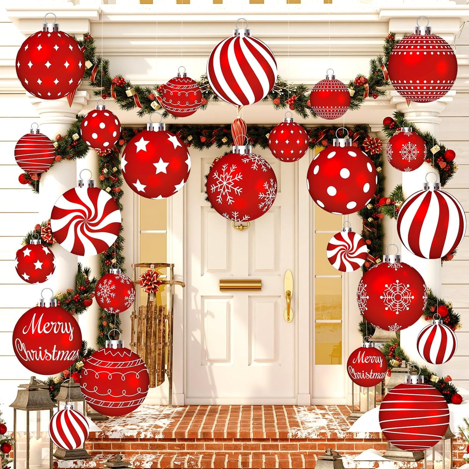 Huwena 24 Pcs Christmas Outdoor Decorations Hanging Ornaments Peppermint Candy Yard Signs Double Sided Lawn Decorations Peppermint Ornaments for Xmas (Warm Style)