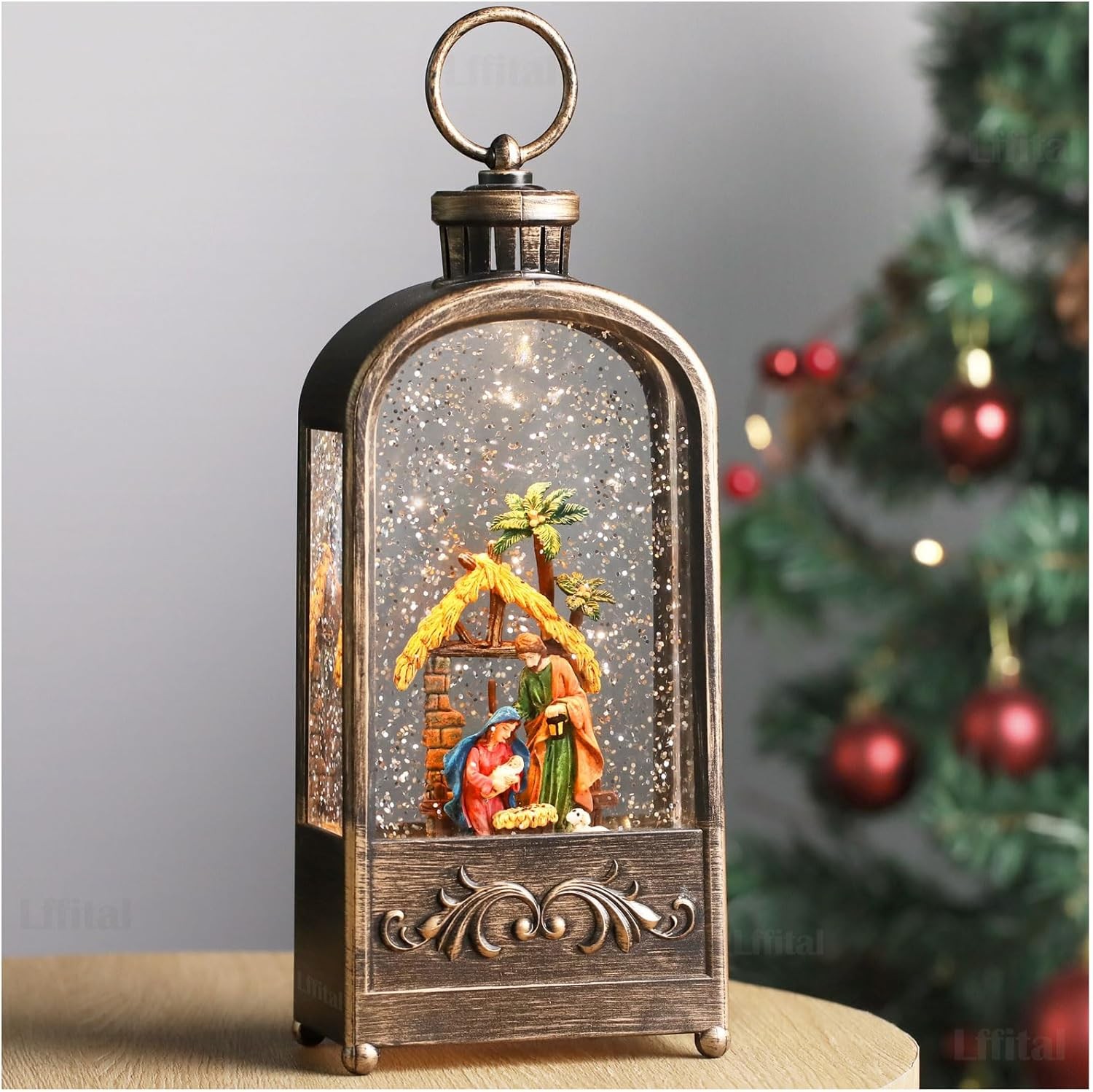 Snow Globe Lantern Christmas LED Nativity Jesus Snow Globe Glitters with Music Snowing Globe Lantern Festival Holiday Decoration Indoor Snow Lantern Battery Operated USB Powered 11 Inch