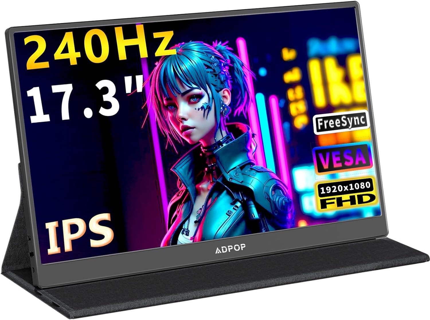 ADPOP 17.3'' FHD 240Hz Portable Monitor | USB-C & HDMI | RGB Backlighting | Smart Cover & Speakers | Gaming, Office & Travel | Ultra-Slim IPS Display HDR | for Laptop/PC/Mac/Phone/Xbox/PS5/Switch