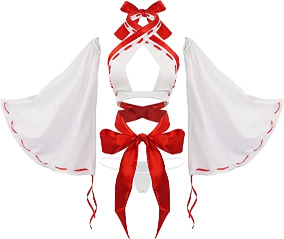 paloli Women Japanese Anime Miko Cosplay Outfit, Red And White Kimono Bra And Panty Set Witch Cosplay Costume