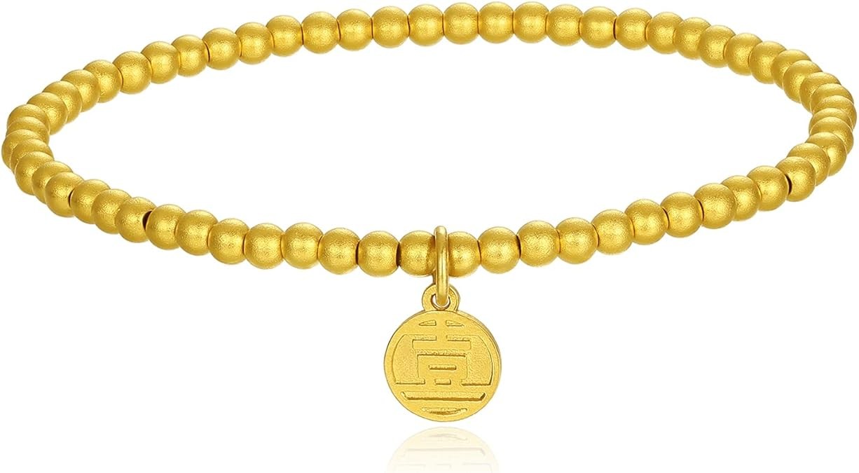 24K Solid Gold Bracelet for Women, Real Pure Gold Jewelry Dainty Fortune Gold Coin Plate Gold Bead Bracelet for Men Girlfriend