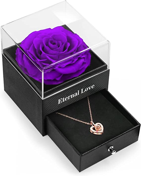HEGUD Preserved Real Rose with I Love You Necklace in 100 Languages, Valentines Day Gifts for Her, Girlfriend, Wife, Eternal Real Rose Flower Gifts for Women Mom on Valentines Birthday Anniversaries