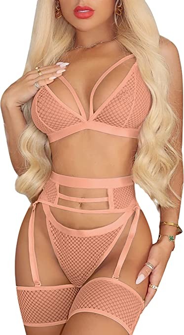 popiv Women Sexy Lingerie Strappy Lace Garter Lingerie Sets High Waisted Sheer Mesh Lingerie
